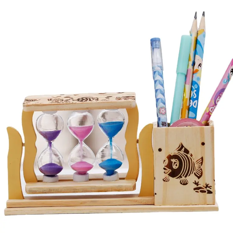 Three wooden quicksand pen container and hourglass combination decorations