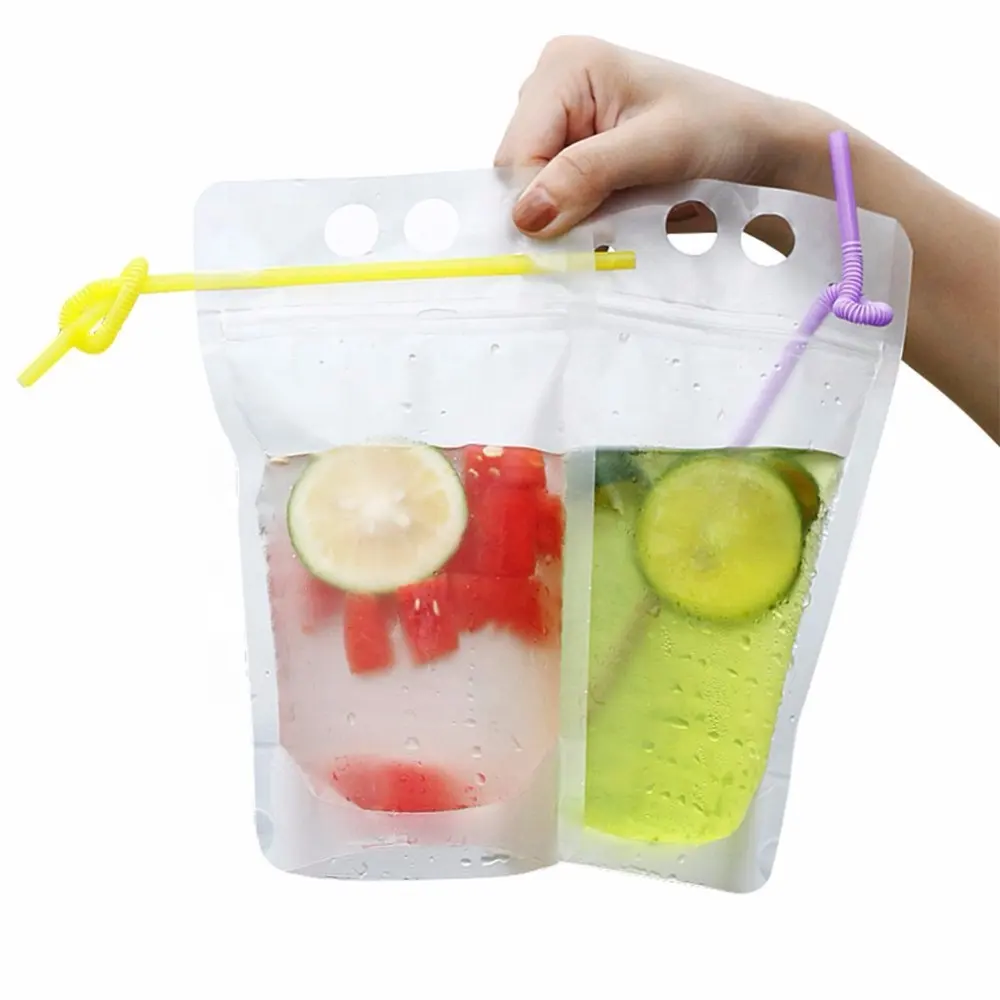 Bolsas de plástico reutilizables con cremallera para bebidas de adultos, bolsas transparentes para batidos, jugos, con pajillas