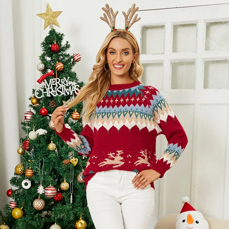 OEM/ODM maglione in pile natalizio girocollo manica Raglan tessuto metallico lucido maglione lavorato a maglia con motivo di lana spessa donna
