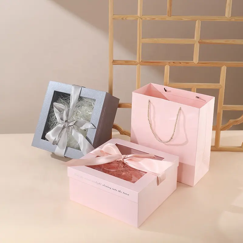 Biodegradable custom design paper gift box printing package for wedding gift sets with ribbon and window