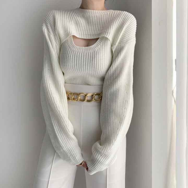 Wholesale Women Solid Color 2 Piece Set Knit Vest + Smock Long Sleeve Short Tops Autumn Winter Elegant Sweater Casual Sweater