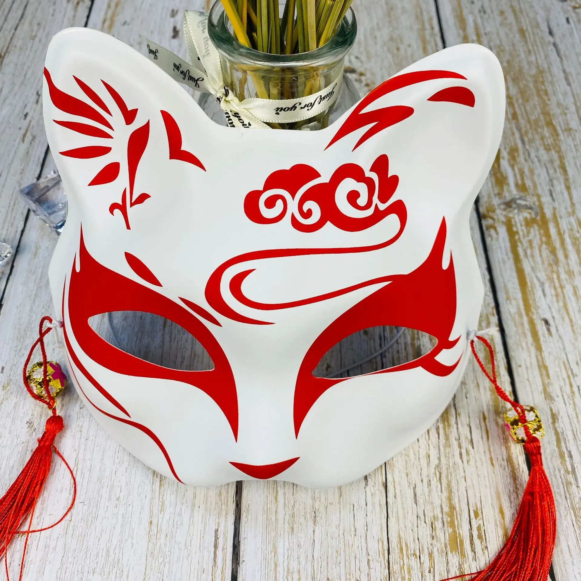 Maschera giapponese mezza faccia dipinta a mano maschera di volpe gatto Anime uccisore di demoni mascherata per Cosplay Festival di Halloween