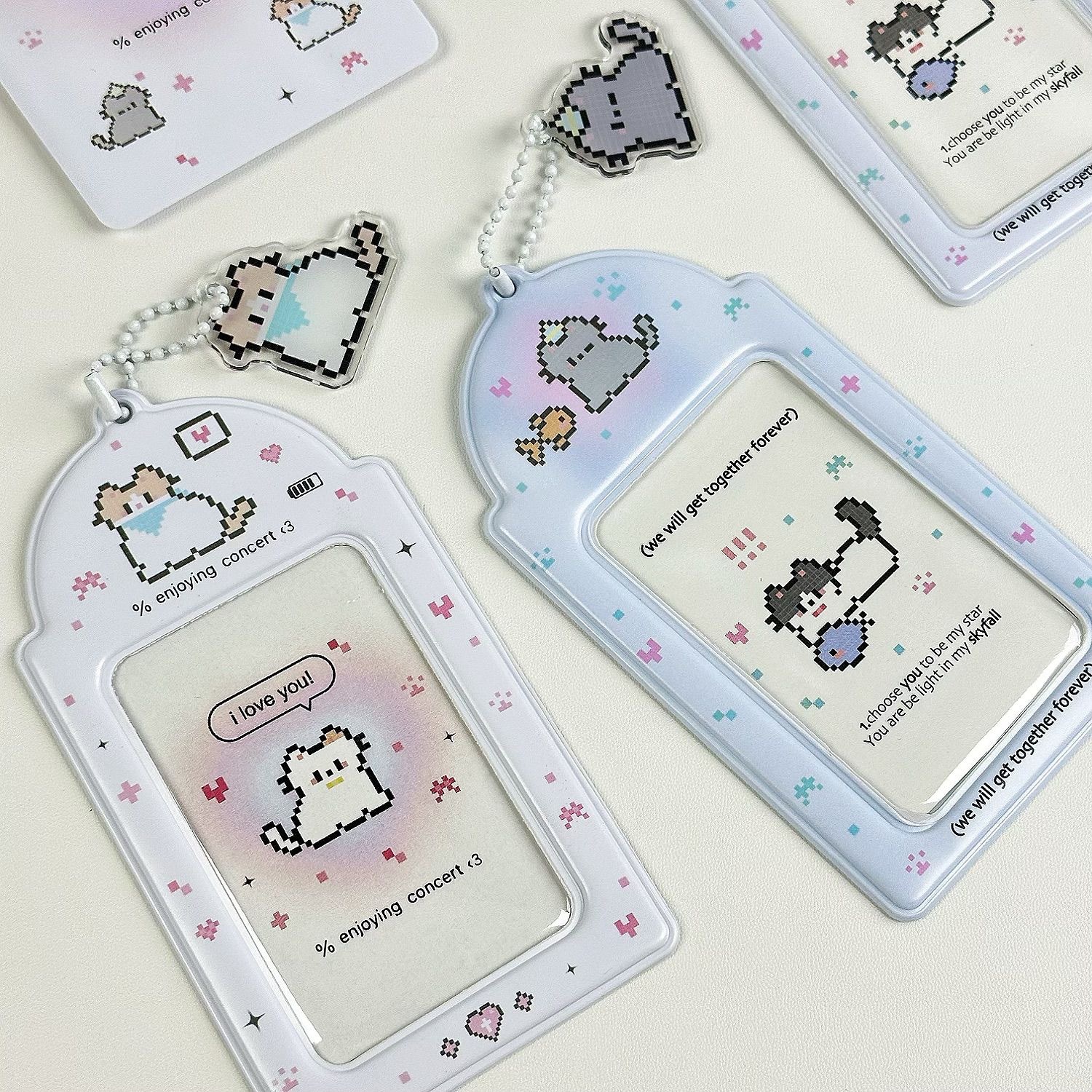 Blue pixel kitten card sleeve with pendant