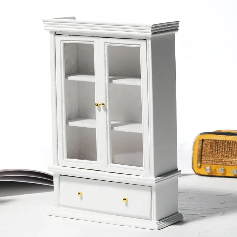 Mueble en miniatura para sala de estar, casa de muñecas, vitrina con soporte de dos puertas, color blanco