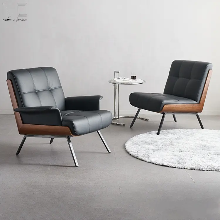 Kerangka kayu kenari kulit asli, kursi santai lapisan kulit asli furnitur ruang tamu Modern kursi berlengan kulit mewah kursi aksen