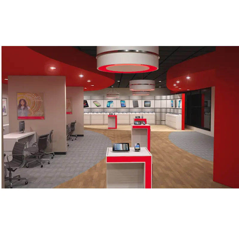 Vitrinas de teléfono móvil de Color rojo, contadores de exhibición de tienda de teléfono móvil, diseño de interiores 3D, soporte de caja de teléfono portátil a la venta