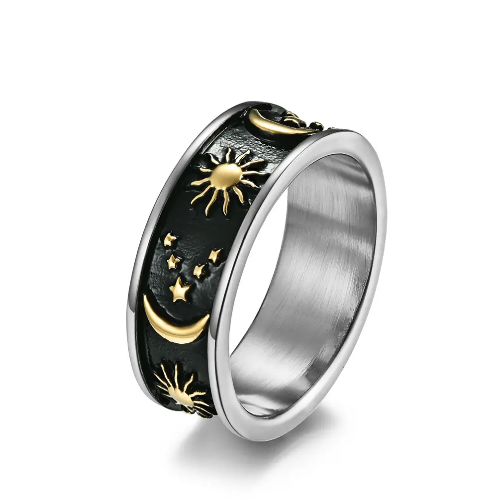 Simple 8mm Moon Star Sun Statement Gold Ring Stainless Steel Boho Jewelry for Women Men Wholesale Gift