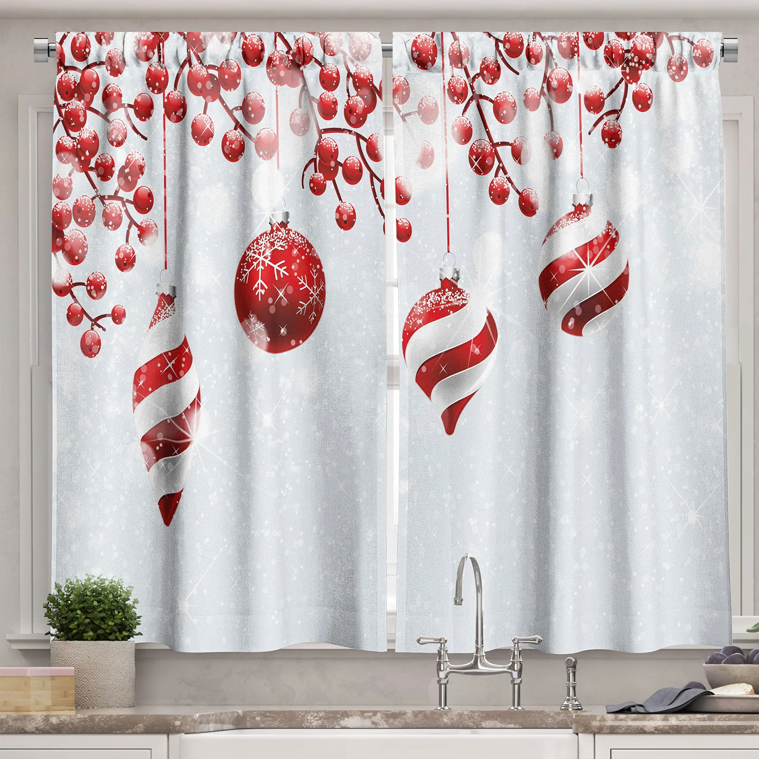 Bindi 55 "X 39" Diseño tradicional Holly Berry Ramas Nieve y efecto Bokeh Imprimir Blanco Rojo Navidad Cortinas de cocina