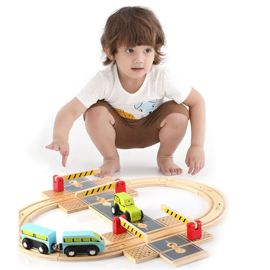 Mntl बच्चों लकड़ी के 39 pcs ट्रेन ट्रैक सेट स्टेम शैक्षिक रेलवे लकड़ी की पटरियों को बच्चों के लिए खिलौना