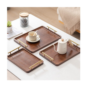 碳化黑色矩形竹木装饰矩形托盘，带金属手柄 - Product Image 1