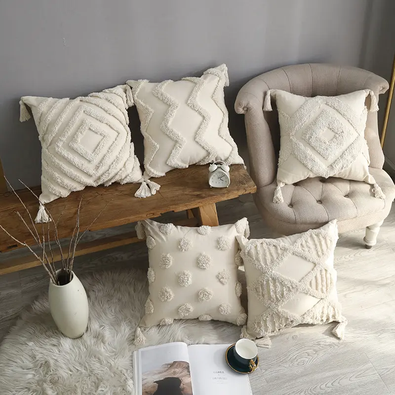 Ins Boho Home Funda de cojín decorativa con mechones Textiles para el hogar Almohada de algodón con borlas