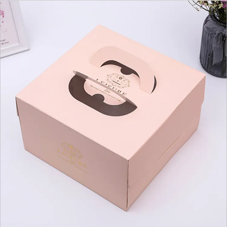 Janelas transparentes embalagem bolo de aniversário rosa caixa de bolo de papel quadrado com alça