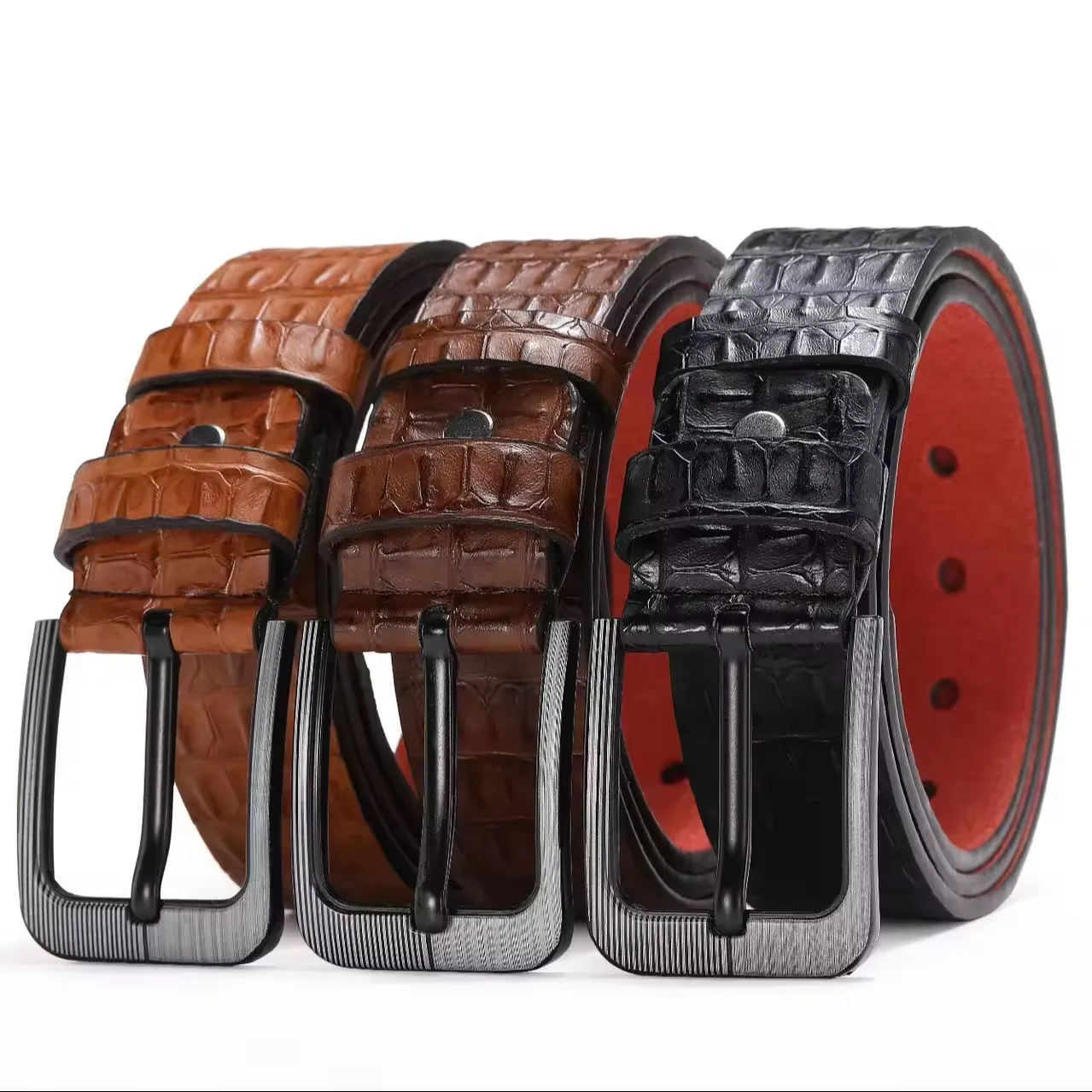 Nouveau design de ceinture en cuir de vachette fendu à texture crocodile pour homme