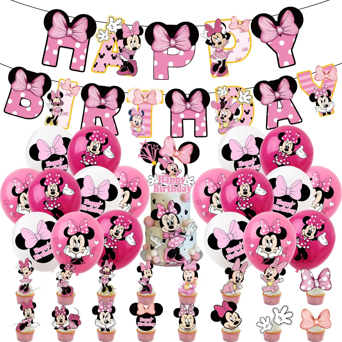 Rosa Minnie Feliz cumpleaños Decoraciones Globos Banner Cupcake Topper Niños Fiesta de cumpleaños Suministros Baby Shower Air Globos X0409