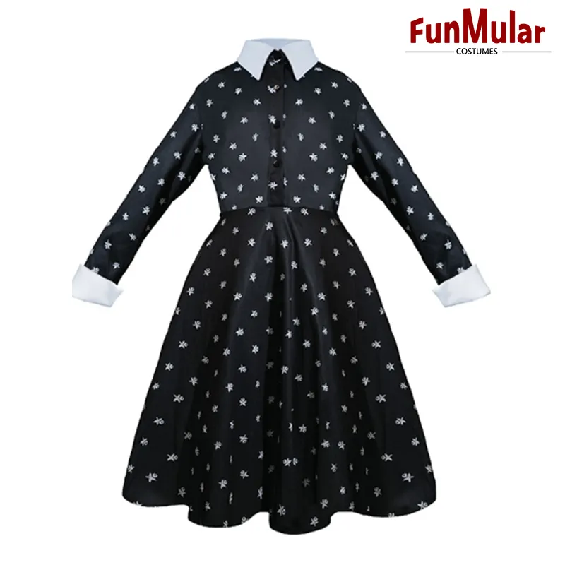 Disfraz de miércoles Funmular para niñas, vestido negro Vintage informal de manga larga con cuello para disfraz de Halloween