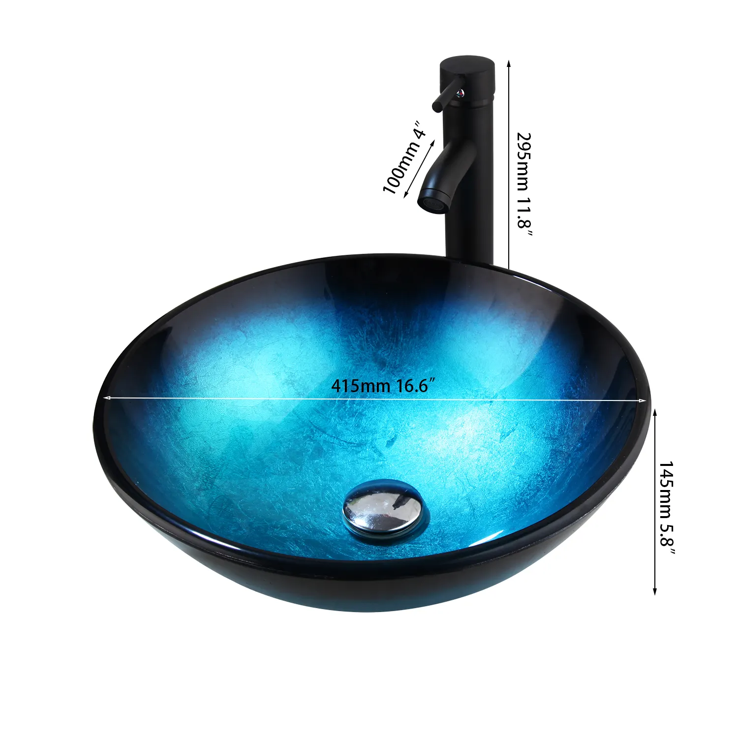 Blue Bathroom Glass Vessel Sinks Round Countertop Basin Bowl Combo With Black Mixer Faucet and Pop-up Drain Set