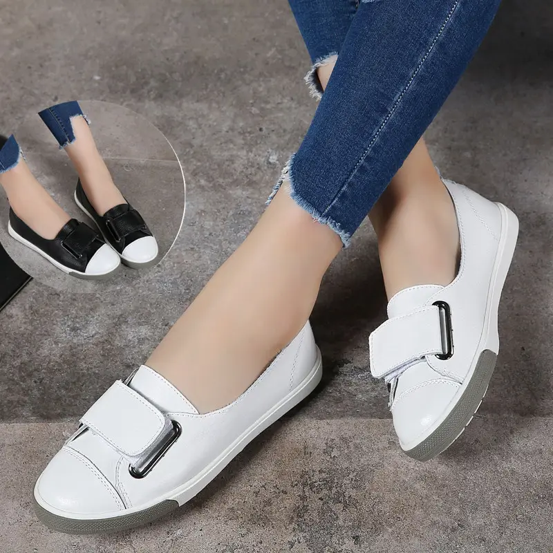 Zapatos planos versátiles de piel auténtica para mujer, calzado de trabajo informal de color sólido para exteriores, sin cordones, color blanco, primavera y otoño, 2022