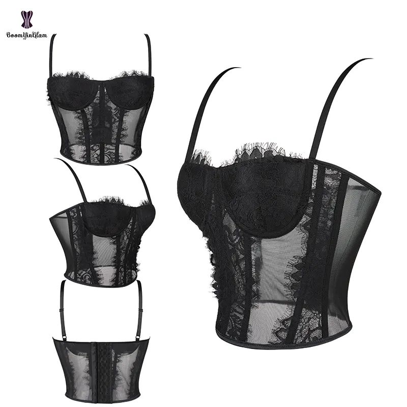 Mesh Sexy Lingerie Woman Strap Lace Corset Crop Top With Hook Adjustable Bustier With T String Plus Size S-xxxl
