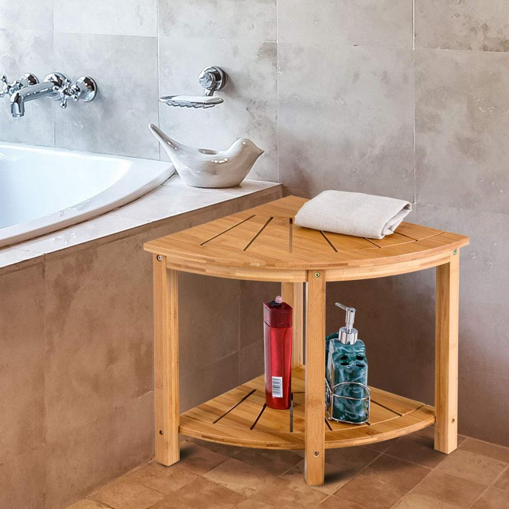 Shower Stool Bamboo Bench with Shelf Waterproof 2-Tier Wood Storage & Seat for Bathroom, Shower