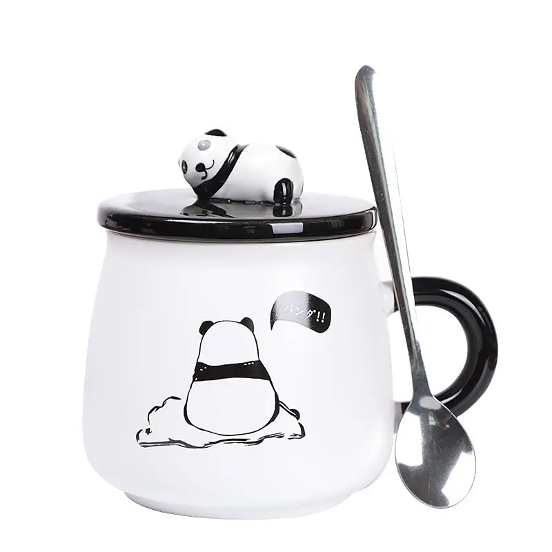 Tazze da caffè in ceramica con panda goffrato cartone animato all'ingrosso regalo 3D tazza da tè al latte smaltata con coperchio e cucchiaio