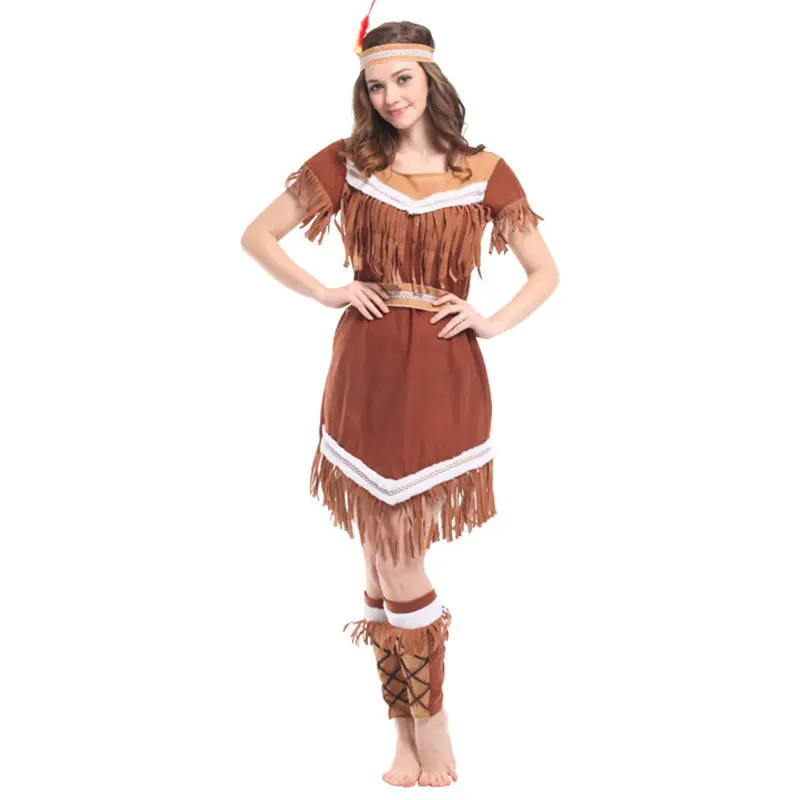 Disfraces de Halloween de la reina india con borlas para mujer Pocahontas Indian Wild West Fancy Dress