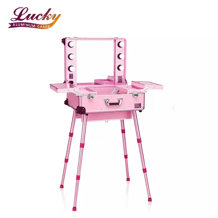 Hot Sale 18"W Pink Rolling Trolley Make Up Train Case Studio Artist Cosmetic case With Mirror & LED Lights