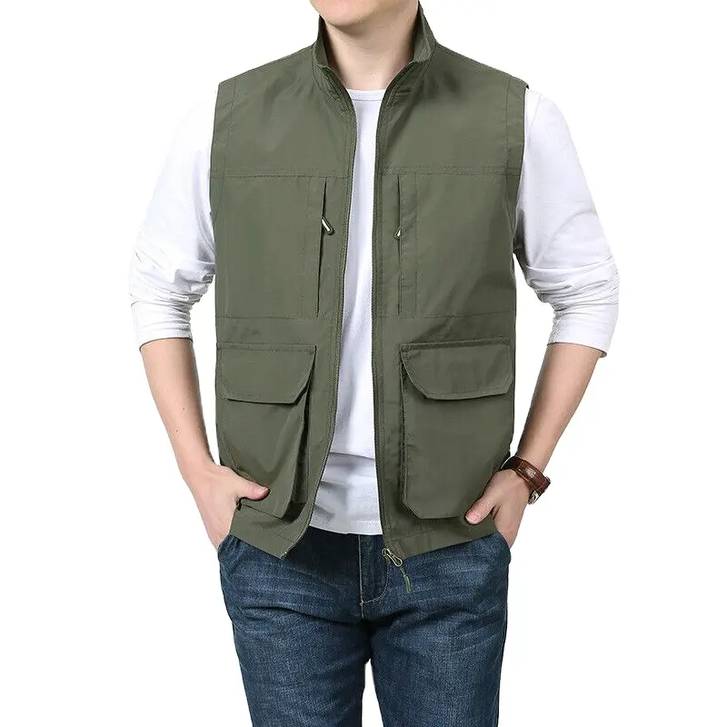 남자 여름 조끼 Gilet 조끼 재킷 코트 탑 민소매 솔리드 포켓 클래식 남성 야외 하이킹 낚시 조끼