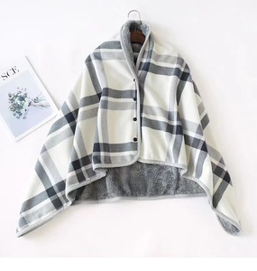 Tùy chỉnh 2 lớp 100% Polyester kiểm tra kẻ sọc nút thiết kế cực Fleece Shawl CAPE chăn - Product Image 1