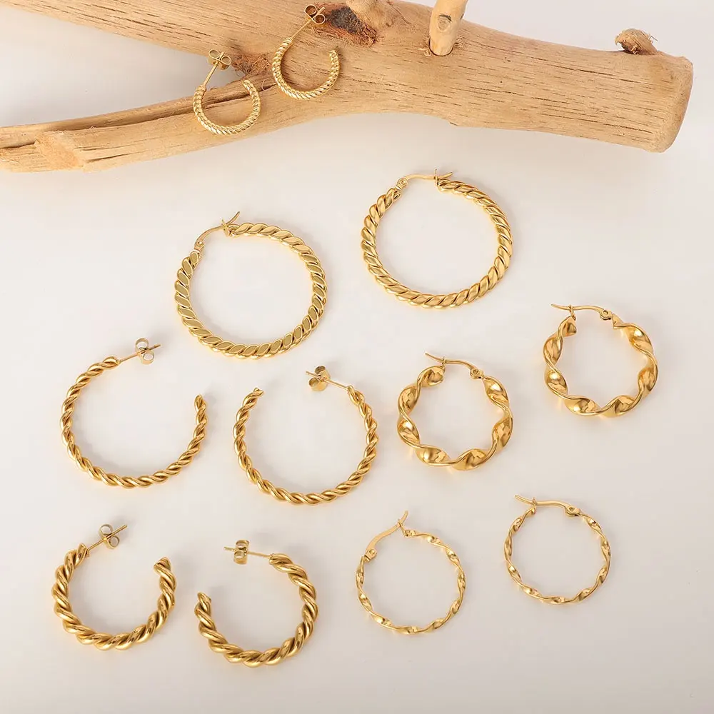 Stile francese 30mm 37mm dimensioni gioielli da donna in acciaio inossidabile placcato oro 18 carati grandi orecchini a cerchio con anello in corda intrecciata