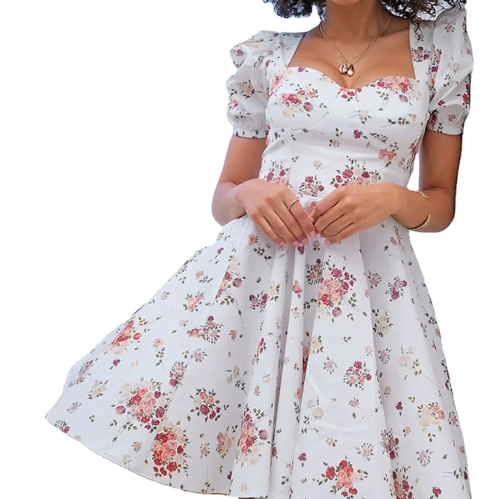 Wholesale women's apparel in stock floral square neck sweetheart vintage A line dress