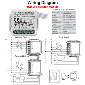 Sistema inteligente de automatización del hogar 100-240V AC Tuya Smart WiFi Módulo de mini interruptor de 4 canales con aplicación de control de PST-S04 - Product Image 2