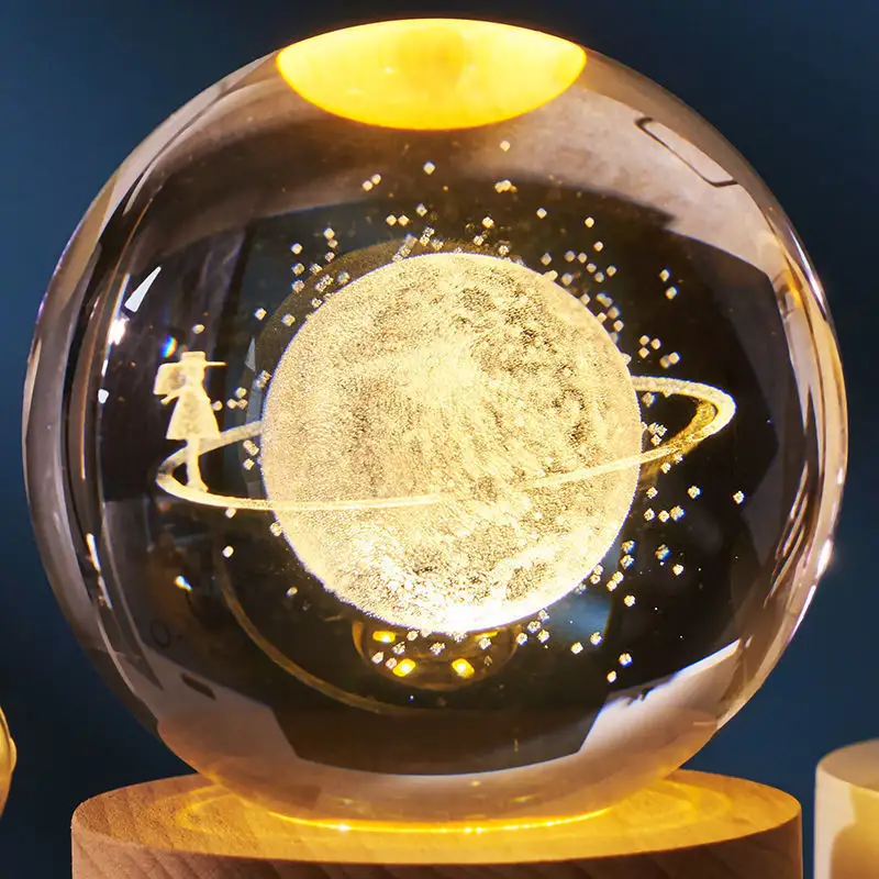 Lâmpada de mesa com bola de cristal gravada a laser, luz luminosa personalizada 3D, nebulosa de Saturno, projetor de luz atmosférica