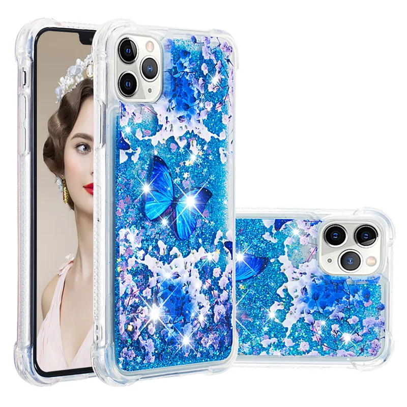 Tpu Vloeibare Vloeiende Sparkle Hybrid Shockproof Bumper Anti-Kras Drijfzand Vlinder Glitter Mobiele Telefoon Case Voor Iphone 11