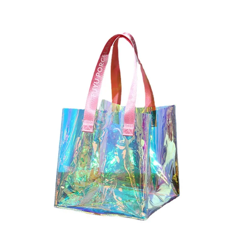 Sacola de presente pequena holográfica reutilizável iridescente transparente para mulheres sacola de plástico PVC com alças para compras