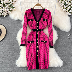 Sıcak satış mizaç v yaka uzun kollu renk eşleştirme Slim Fit orta uzun bölünmüş örgü kalça Wrap elbise - Product Image 3