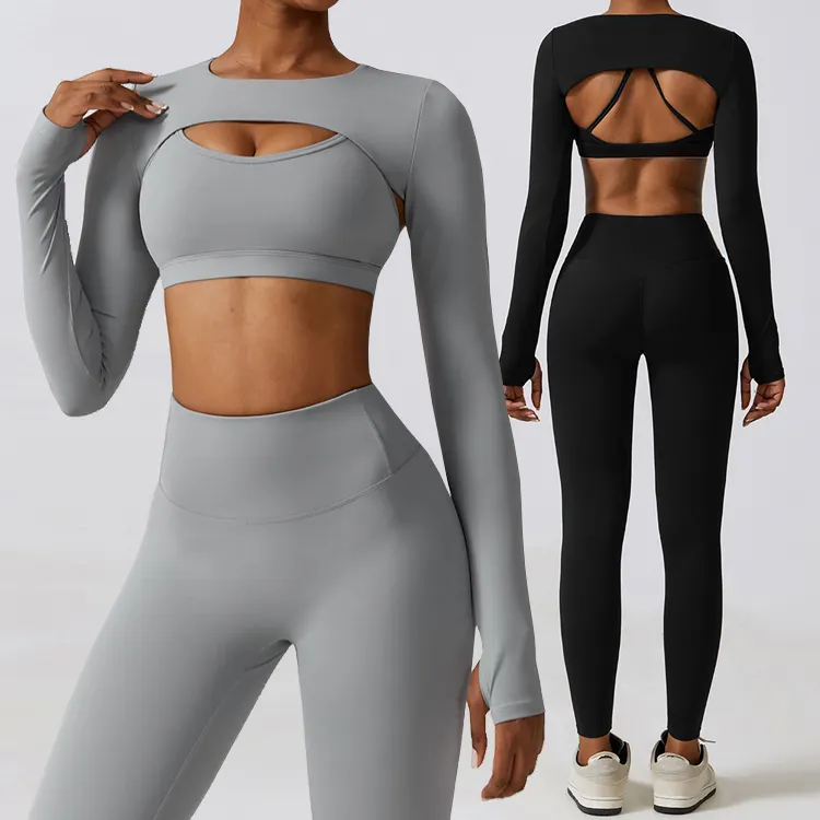 Yüksek kalite 3 parça spor Fitness setleri atletik kıyafet egzersiz spor aktif giyim uzun kollu kırpma üst Yoga pantolon kadınlar için