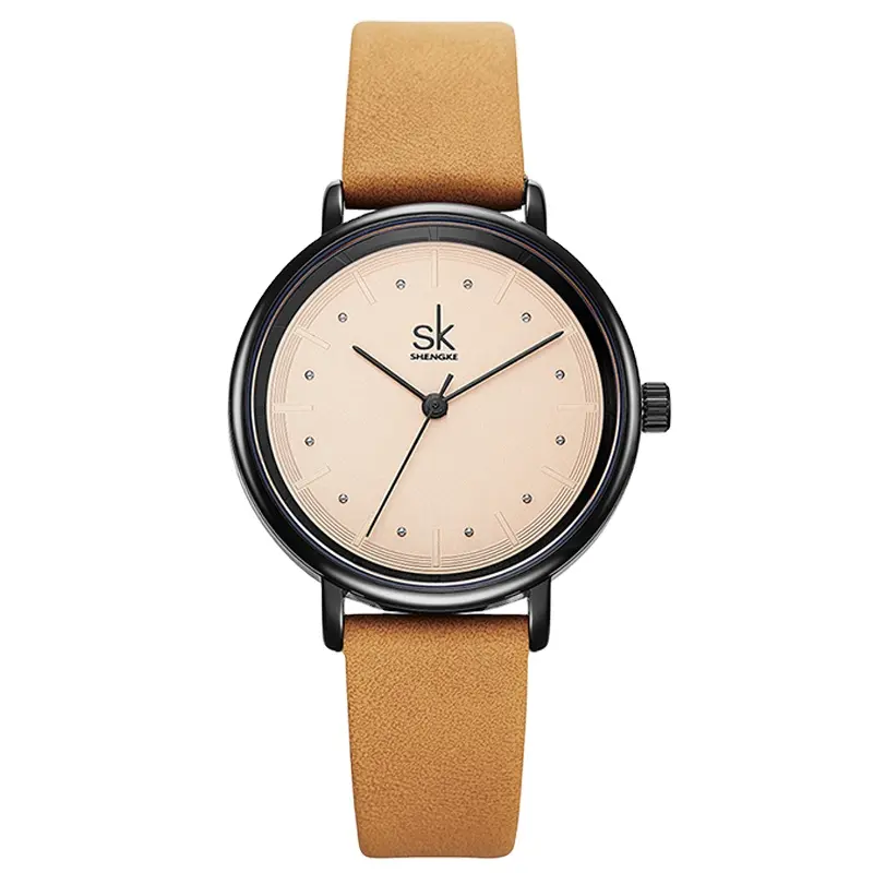 Shengke นาฬิกา K8005แบบเรียบง่ายสำหรับผู้หญิงนาฬิกาควอทซ์ดีไซน์เล็กหนังย้อนยุคสีน้ำตาลแบรนด์ชั้นนำของผู้หญิงแฟชั่น
