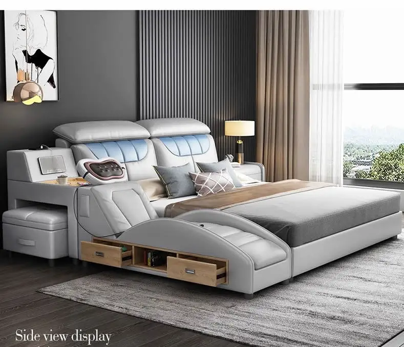 Cama inteligente de couro de luxo, cama multifuncional com armazenamento, cama king size e mobiliário