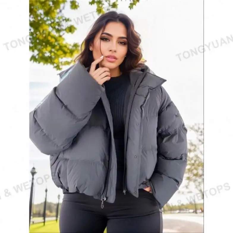 Ropa personalizada, chaqueta de plumas de invierno para mujer, Parkas cortas con capucha de brotes, abrigo de pan corto esponjoso de plumón de pato cálido grueso informal