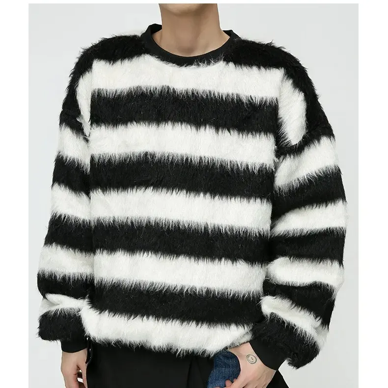 2024 vente en gros unisexe Mohair hiver rayé tricoté pull personnalisable OEM ODM pull à manches longues avec Cardigan modèle-jour