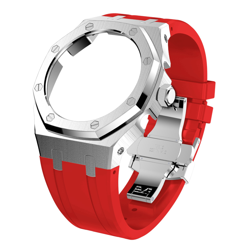 Silver case red strap