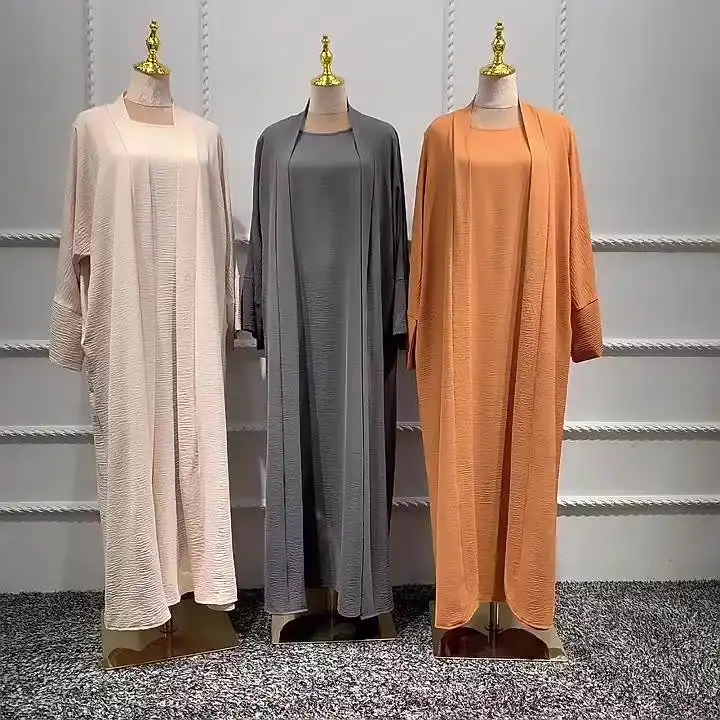 2022 dernière conception turquie dubaï couleur unie deux pièces ensemble Abaya femmes grande taille caftan décontracté robe musulmane à manches longues ouvert Abaya