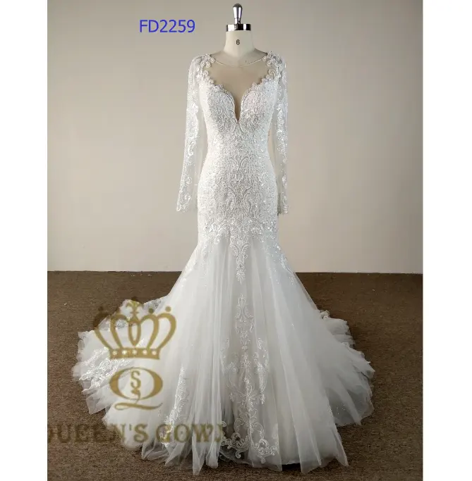 Vestido de noiva de luxo sereia fd29, roupa de baile, florista, manga comprida, ilusão