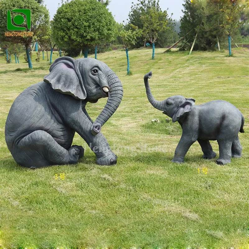 Уличная садовая семейная статуя слона из стекловолокна в виде животного из смолы