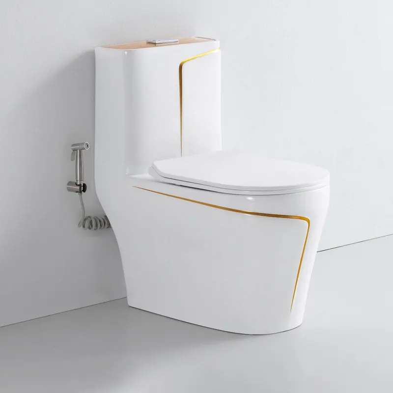 Diskon Besar Mangkuk Toilet Putih dan Emas S-trap/P-trap Keramik Lemari Air Siphonik Lantai Terpasang Bulat Satu Bagian Toilet