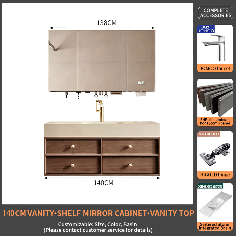 140Travertine Hot-Bent Single Sink + Smart Mirror Cabinet