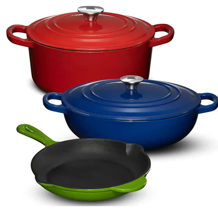 Conjunto De Panelas De Ferro Fundido Esmaltado-5 Peças Sólido Colorido Braiser Prato Fry Pan Panela De Forno Holandês com Tampas