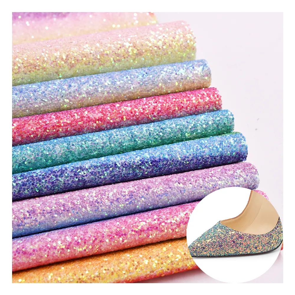 Papel de parede para sapatos, tecido de couro glitter grosso com cores arco-íris, material de artesanato com glitter