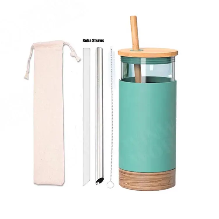Reusable Boba Glass Tumbler Cups with Boba Straw and Eco-Friendly Leakproof Bamboo Lid, Smoothie Tumbler with Silicone Sleeve