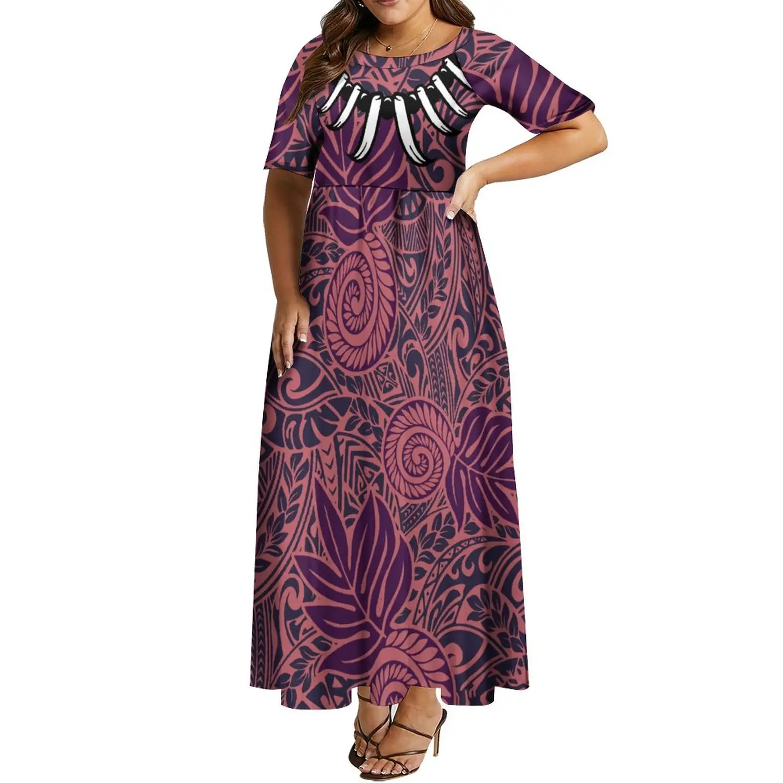 High Quality Custom Samoa Necklace Polynesian Dress Ula Nifo Print Crew Neck Half Sleeve Island Dresses Plus Size Womens Dresses